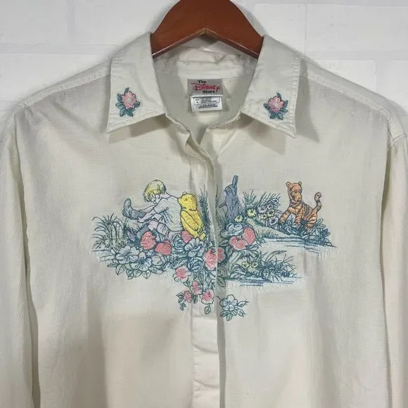 Disney Store Button Down Shirt Womens Size L Off White Pooh Embroidered - Picture 2 of 16